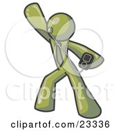 Clipart Illustration Of An Olive Green Man Dancing And Listening To Music With An MP3 Player