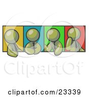 Four Olive Green Men In Different Poses Against Colorful Backgrounds Perhaps During A Meeting
