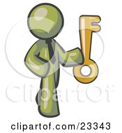 Clipart Illustration Of An Olive Green Businessman Holding Up A Large Golden Skeleton Key
