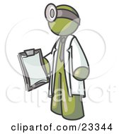 Poster, Art Print Of Olive Green Male Doctor Holding A Clipboard And Wearing A Head Lamp