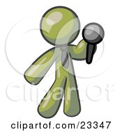 Olive Green Man A Comedian Or Vocalist Wearing A Tie Standing On Stage And Holding A Microphone While Singing Karaoke Or Telling Jokes by Leo Blanchette