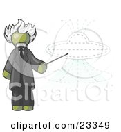 Clipart Illustration Of An Olive Green Einstein Man Pointing A Stick At A Presentation Of A Flying Saucer