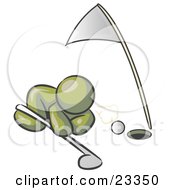 Clipart Illustration Of An Olive Green Man Down On The Ground Trying To Blow A Golf Ball Into The Hole by Leo Blanchette