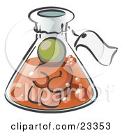 Clipart Illustration Of An Olive Green Man Trapped Inside A Bubbly Potion In A Laboratory Beaker With A Tag Around The Bottle
