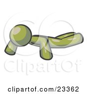 Clipart Illustration Of An Olive Green Man Doing Pushups While Strength Training