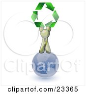 Poster, Art Print Of Olive Green Man Standing On Top Of The Blue Planet Earth And Holding Up Three Green Arrows Forming A Triangle And Moving In A Clockwise Motion Symbolizing Renewable Energy And Recycling