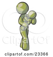 Clipart Illustration Of An Olive Green Woman Carrying Her Child In Her Arms Symbolizing Motherhood And Parenting