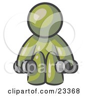 Clipart Illustration Of An Olive Green Man Lifting Dumbells While Strength Training