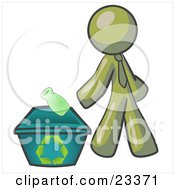 Poster, Art Print Of Olive Green Man Tossing A Plastic Container Into A Recycle Bin Symbolizing Someone Doing Their Part To Help The Environment And To Be Earth Friendly