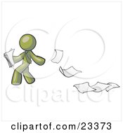 Poster, Art Print Of Olive Green Man Dropping White Sheets Of Paper On A Ground And Leaving A Paper Trail Symbolizing Waste