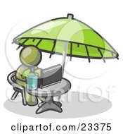 Clipart Illustration Of A Traveling Olive Green Business Man Sitting Under An Umbrella At A Table Using A Laptop Computer