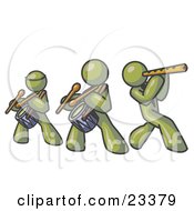 Three Olive Green Men Playing Flutes And Drums At A Music Concert