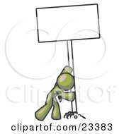 Poster, Art Print Of Strong Olive Green Man Pushing A Blank Sign Upright
