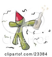 Clipart Illustration Of A Happy Olive Green Man Partying With A Party Hat Confetti And A Bottle Of Liquor