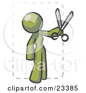 Olive Green Lady Character Snipping Out A Coupon With A Pair Of Scissors Before Going Shopping
