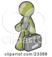 Poster, Art Print Of Olive Green Male Tourist Carrying His Suitcase And Walking With A Camera Around His Neck