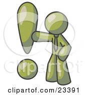 Olive Green Businessman Standing By A Large Exclamation Point