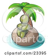 Olive Green Man Sitting All Alone With A Palm Tree On A Deserted Island