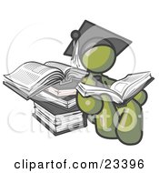 Olive Green Male Student In A Graduation Cap Reading A Book And Leaning Against A Stack Of Books