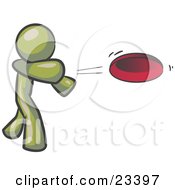 Clipart Illustration Of An Olive Green Man Tossing A Red Flying Disc Through The Air For Someone To Catch