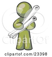 Clipart Illustration Of An Olive Green Man Architect Carrying Rolled Blue Prints And Plans