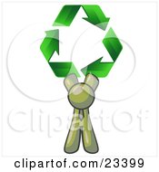 Olive Green Man Holding Up Three Green Arrows Forming A Triangle And Moving In A Clockwise Motion Symbolizing Renewable Energy And Recycling by Leo Blanchette