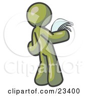 Poster, Art Print Of Serious Olive Green Man Reading Papers And Documents
