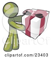 Poster, Art Print Of Thoughtful Olive Green Man Holding A Christmas Birthday Valentines Day Or Anniversary Gift Wrapped In White Paper With Red Ribbon And A Bow