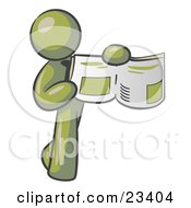 Clipart Illustration Of An Olive Green Man Holding Up A Newspaper And Pointing To An Article