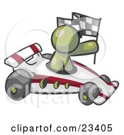 Clipart Illustration Of An Olive Green Man Driving A Fast Race Car Past Flags While Racing