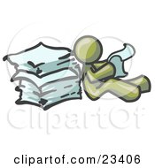 Poster, Art Print Of Olive Green Man Leaning Against A Stack Of Papers