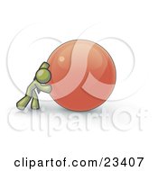 Poster, Art Print Of Strong Olive Green Business Man Pushing An Orange Sphere