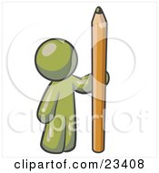 Poster, Art Print Of Olive Green Man Holding Up And Standing Beside A Giant Yellow Number Two Pencil