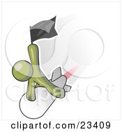 Clipart Illustration Of An Olive Green Man Waving A Flag While Riding On Top Of A Fast Missile Or Rocket Symbolizing Success