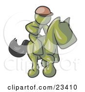 Clipart Illustration Of An Olive Green Man A Jockey Riding On A Race Horse And Racing In A Derby