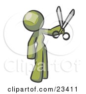 Clipart Illustration Of An Olive Green Woman Standing And Holing Up A Pair Of Scissors