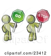 Poster, Art Print Of Olive Green Men Holding Red And Green Stop And Go Signs