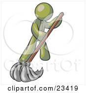 Poster, Art Print Of Olive Green Man Wearing A Tie Using A Mop While Mopping A Hard Floor To Clean Up A Mess Or Spill