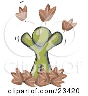Poster, Art Print Of Carefree Olive Green Man Tossing Up Autumn Leaves In The Air Symbolizing Happiness And Freedom