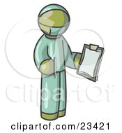 Olive Green Surgeon Man In Green Scrubs Holding A Pen And Clipboard