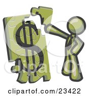 Clipart Illustration Of An Olive Green Businessman Putting A Dollar Sign Puzzle Together