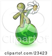 Poster, Art Print Of Olive Green Man Standing On The Green Planet Earth And Holding A White Daisy Symbolizing Organics And Going Green For A Healthy Environment
