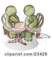 Poster, Art Print Of Two Olive Green Businessmen Sitting At A Table Discussing Papers