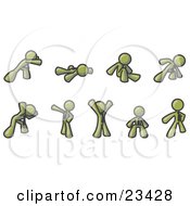 Clipart Illustration Of An Olive Green Man Doing Different Exercises And Stretches In A Fitness Gym