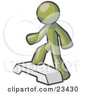 Clipart Illustration Of An Olive Green Man Doing Step Ups On An Aerobics Platform While Exercising by Leo Blanchette