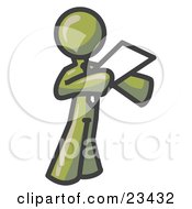 Clipart Illustration Of An Olive Green Businessman Holding A Piece Of Paper During A Speech Or Presentation