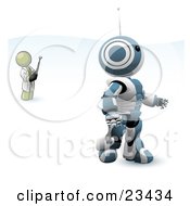 Poster, Art Print Of Olive Green Man Inventor Operating An Blue Robot With A Remote Control