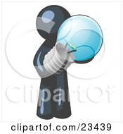 Clipart Illustration Of A Navy Blue Man Holding A Glass Electric Lightbulb Symbolizing Utilities Or Ideas