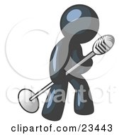 Poster, Art Print Of Navy Blue Man In A Tie Singing Songs On Stage During A Concert Or At A Karaoke Bar While Tipping The Microphone