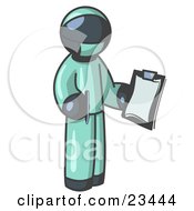 Navy Blue Surgeon Man In Green Scrubs Holding A Pen And Clipboard